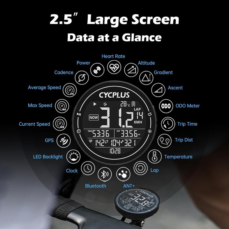 CYCPLUS GPS Bike Computer, Wireless Cycling Computer, ANT+ Bluetooth Bicycle Speedometer Odometer IPX6 Waterproof, Rechargeable with 2.5″ Screen for Bikers Outdoor Cycling (New Upgraded) - Image 4